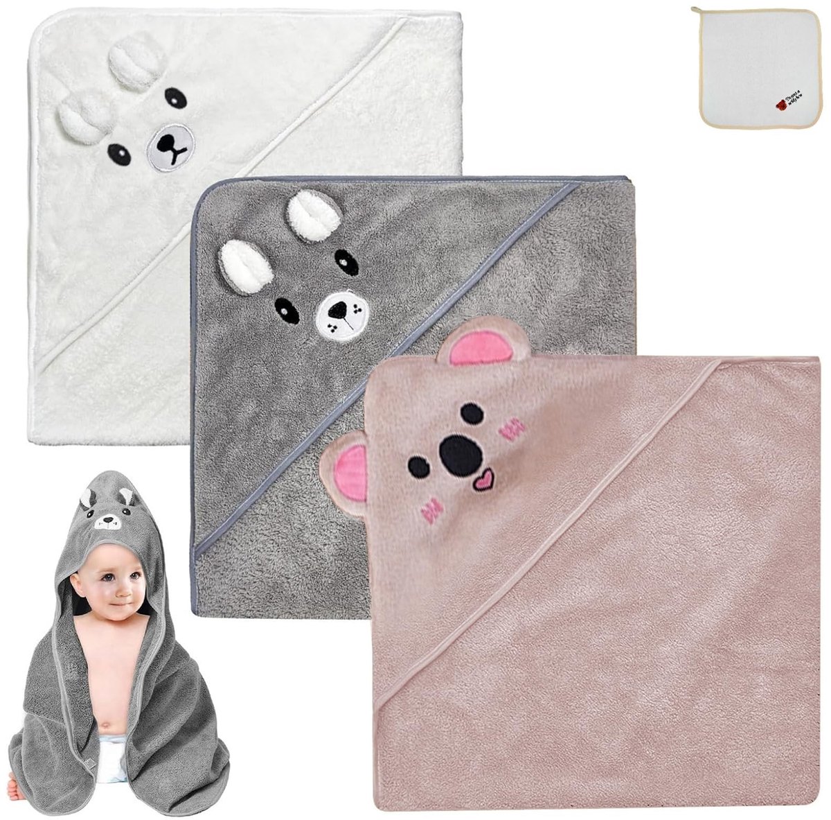 Dailygoods- Capuchonhanddoek 3 stuks - 80 x 80 cm - Zacht coral fleece - Schattig design met dierenpatroon - Machinewasbaar - Goede wateropname - Badlaken