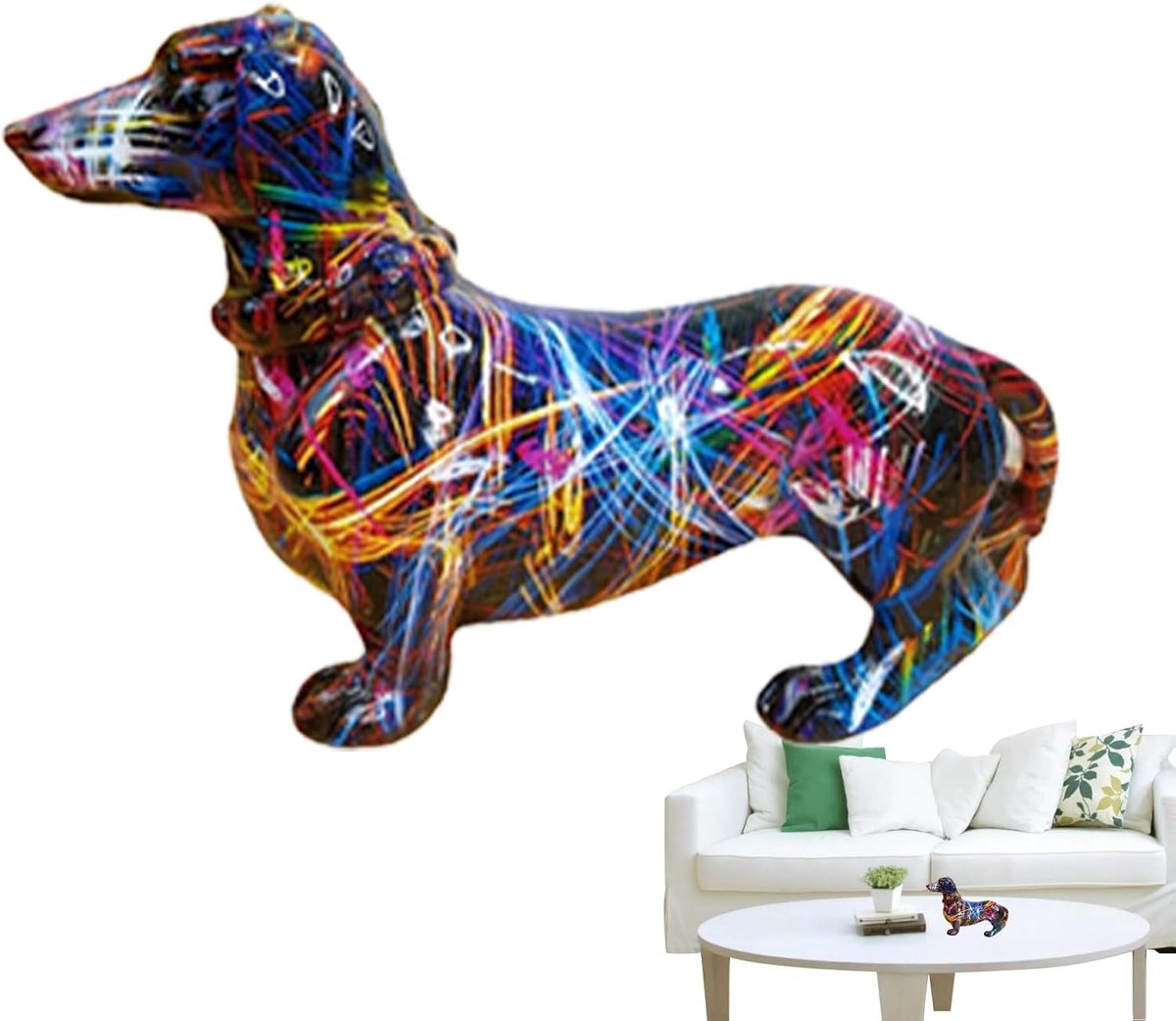 Teckel Beeldje - Hond Sculptuur - Woonkamer Decoratie - Uniek Graffiti Ontwerp - 20 cm Hoog - Kleurrijk