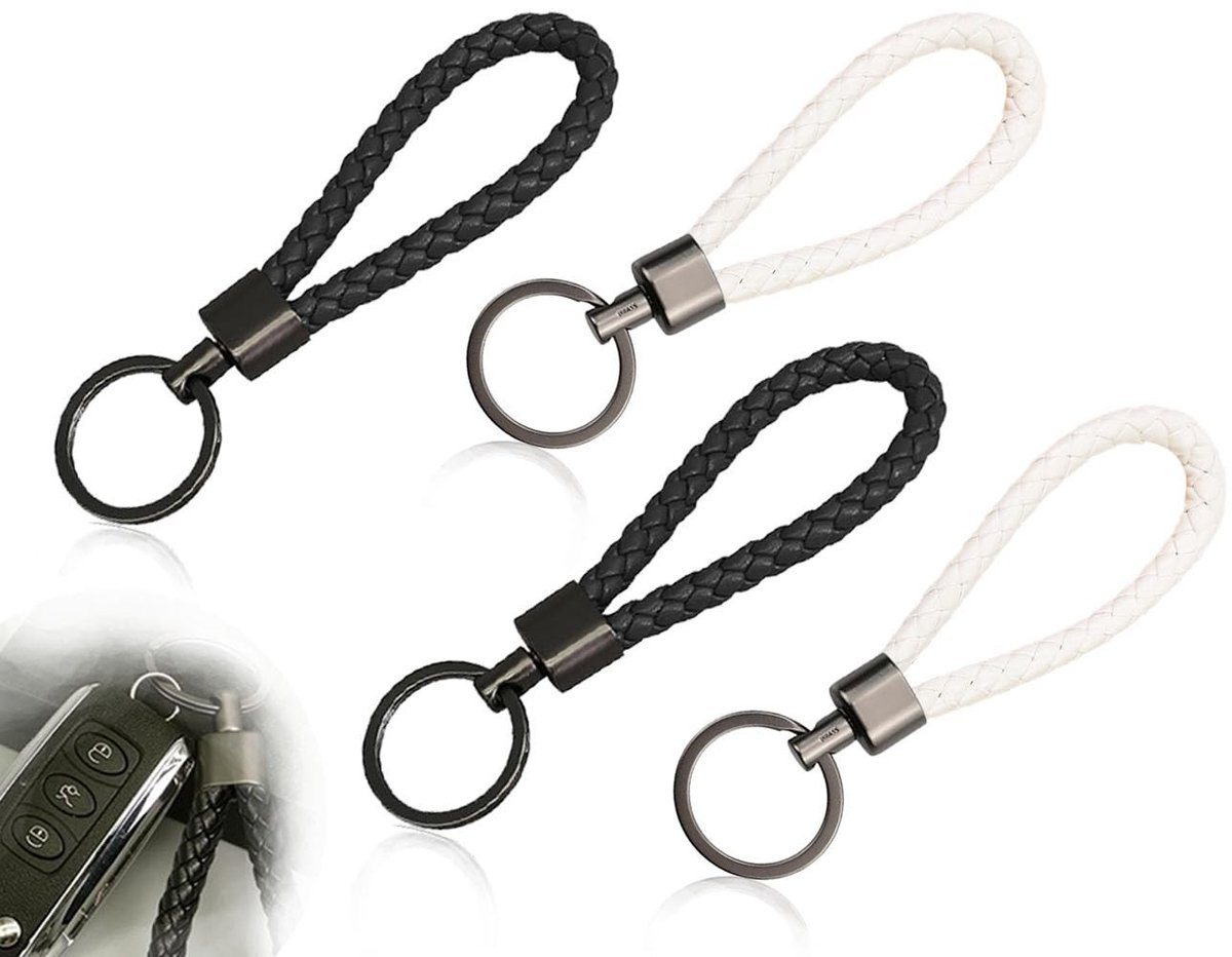 Dailygoods- Sleutelhanger Set van 4 - Leren Sleutelhangers - Gevlochten Sleutelband - Metalen Sluiting - Motor/Auto/Fiets/Huis - Hoogwaardig PU-leer - Sleutelring