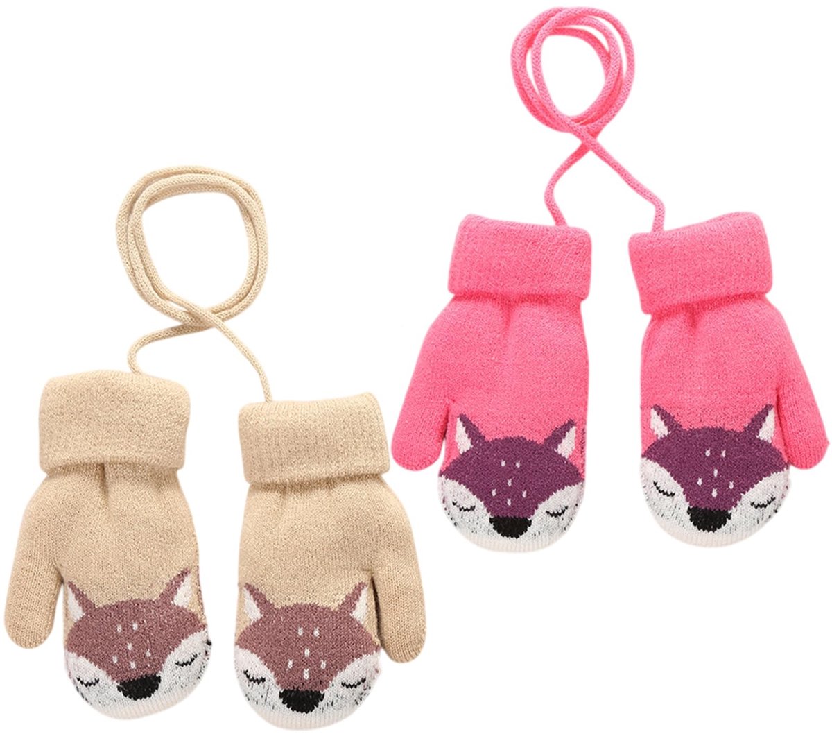 Dailygoods- Winterwanten - 2 Paar Gebreide Wanten - Warme Fleece Gevoerde Handschoenen - Schattige Vossen - Antislip - Voor Peuters - Babyhandschoenen