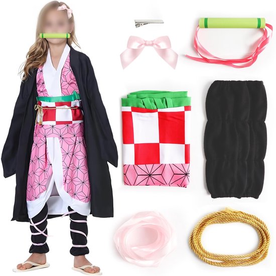Dailygoods- Verkleedkostuum voor volwassenen - Nezuko Cosplay - Anime Outfit - Kimono/Jas - Cape/Riem - Inclusief Accessoires - Cosplaykostuum