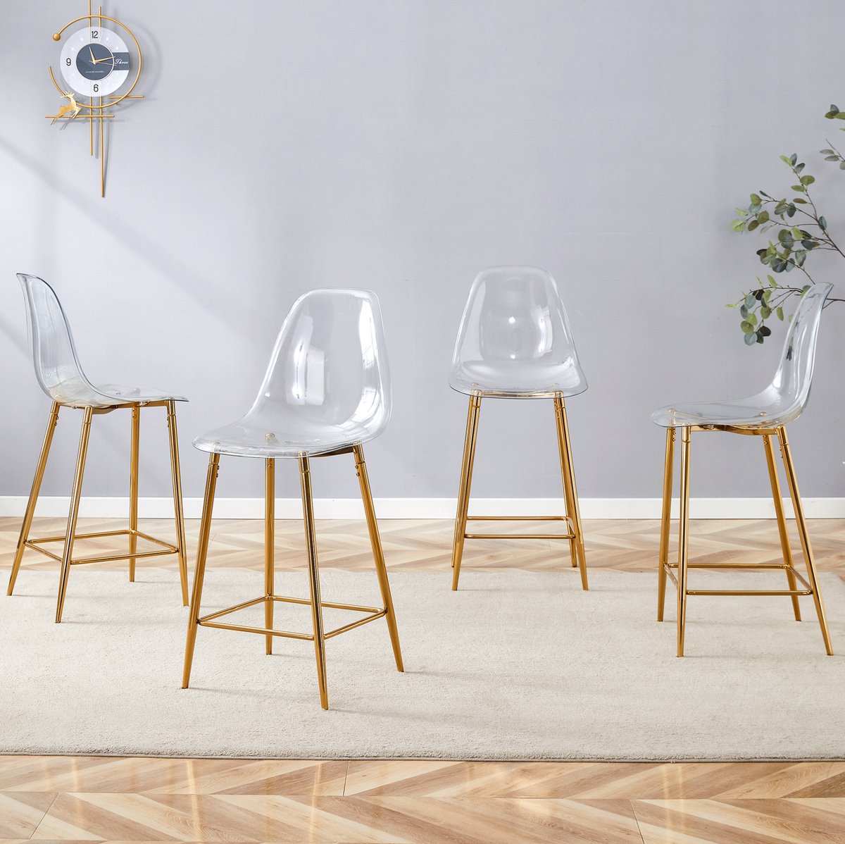 HAUSS SPOLE Barkruk - Transparant Design - Set van 4 - Met Rugleuning en Voetsteun - Voor Keuken, Bar en Eetkamer - Kunststof Goud