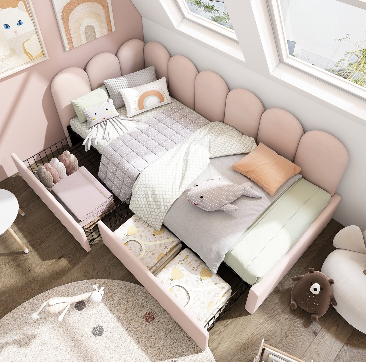 MEUNIQ slaapbank 90x190 cm met 2 lades en lattenbodem, gestoffeerd daybed voor slaapkamer of logeerkamer, L-vormig bedframe met verwisselbare zijpanelen, roze