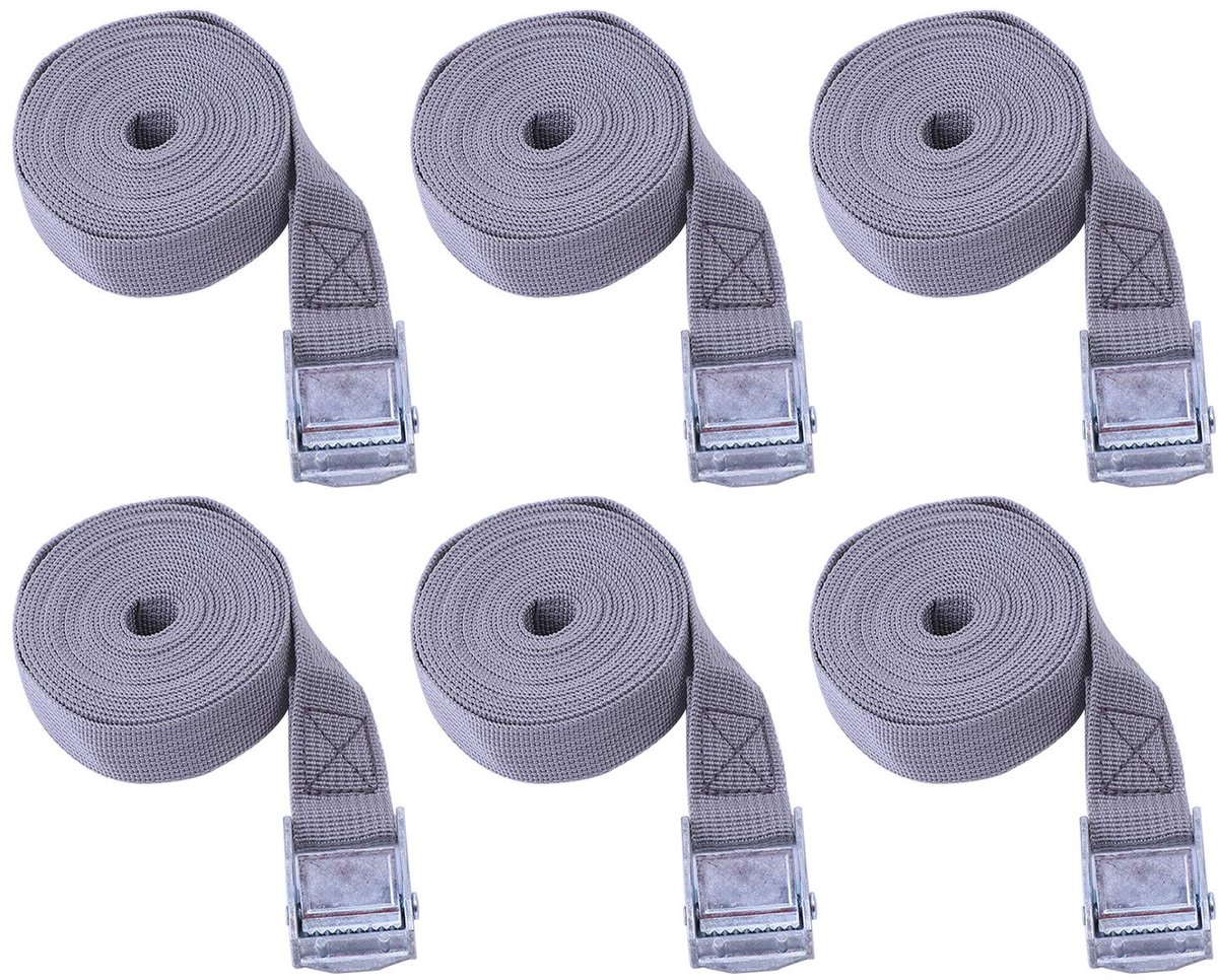 Dailygoods- Sjorriemen 6 Stuks - Ratelriemen - Spanbanden - Zink-IJzeren Gespen - Polyester - 25 mm x 5 m