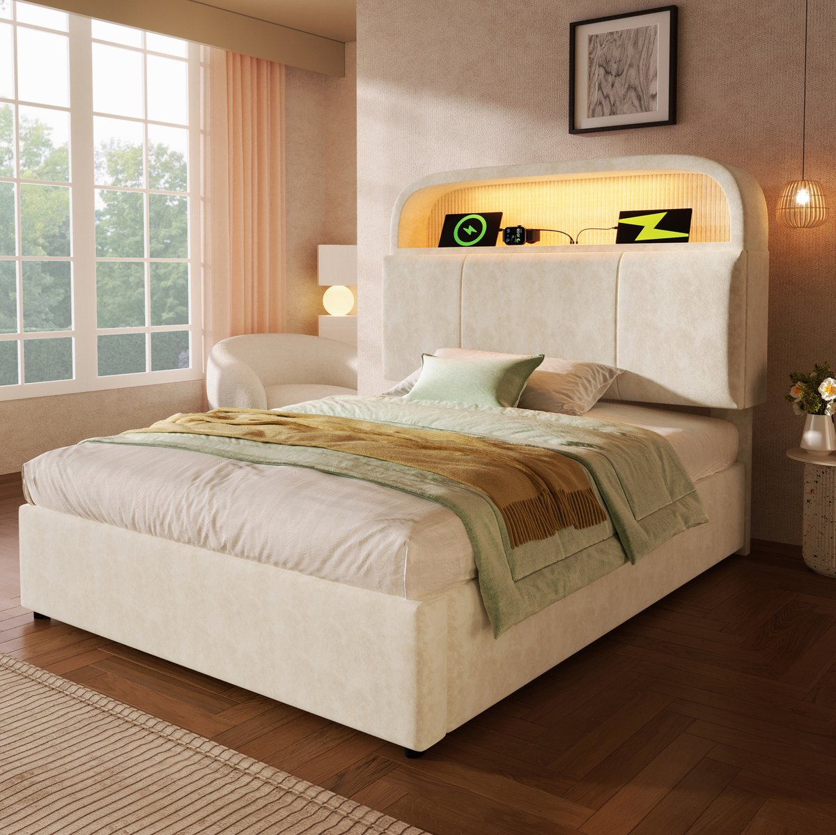 MEUNIQ eenpersoons bed 90x200 cm met verstelbaar opberg hoofdbord, hydraulische opbergruimte, LED-verlichting, USB en Type-C, lattenbodem, beige stof