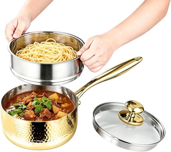 Steelpan met Stoominzet - Kookpot Sauspan - Dagelijks Koken - Druppelvrije Tuit - 22 cm Diameter - Goud