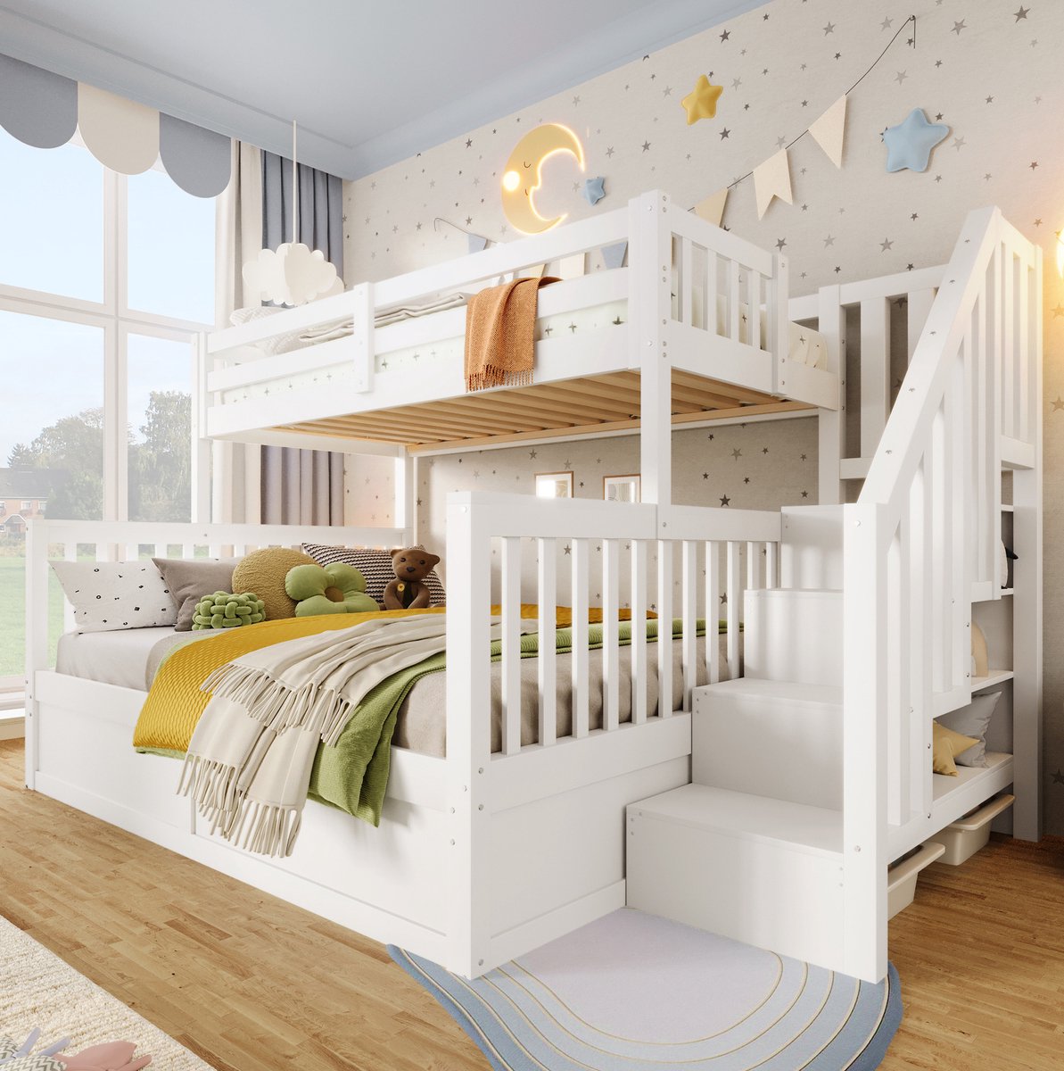 MEUNIQ Stapelbed 90x200 cm + 140x200 cm met hydraulische opbergruimte, opbergtrap en veiligheidshekken, kinderbed voor kinderkamer, wit en naturel