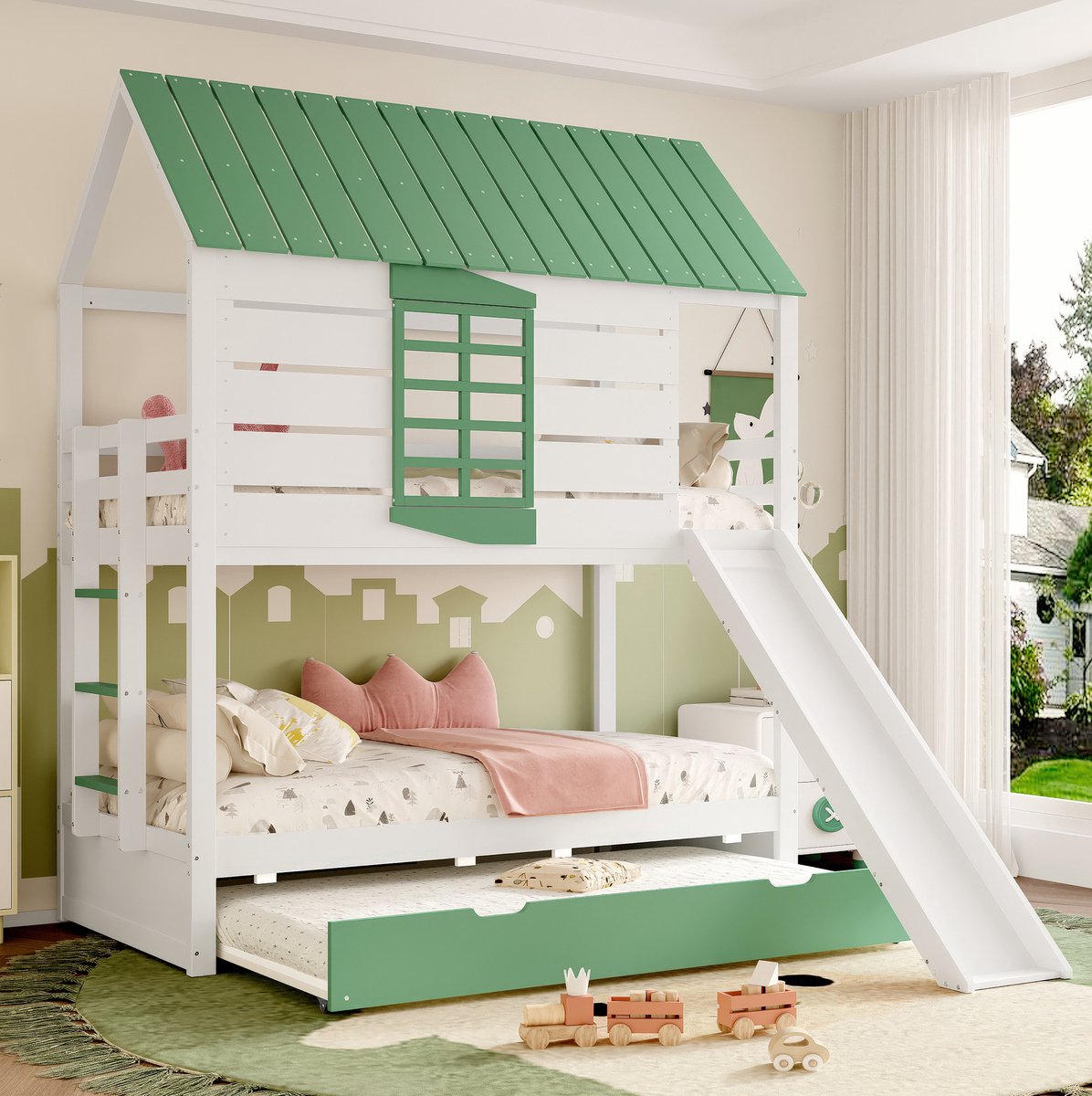 MEUNIQ stapelbed 90x200 met glijbaan, uitrolbed, ladder en veiligheidshekken, huisvormig kinderbed voor de kinderkamer, wit en groen