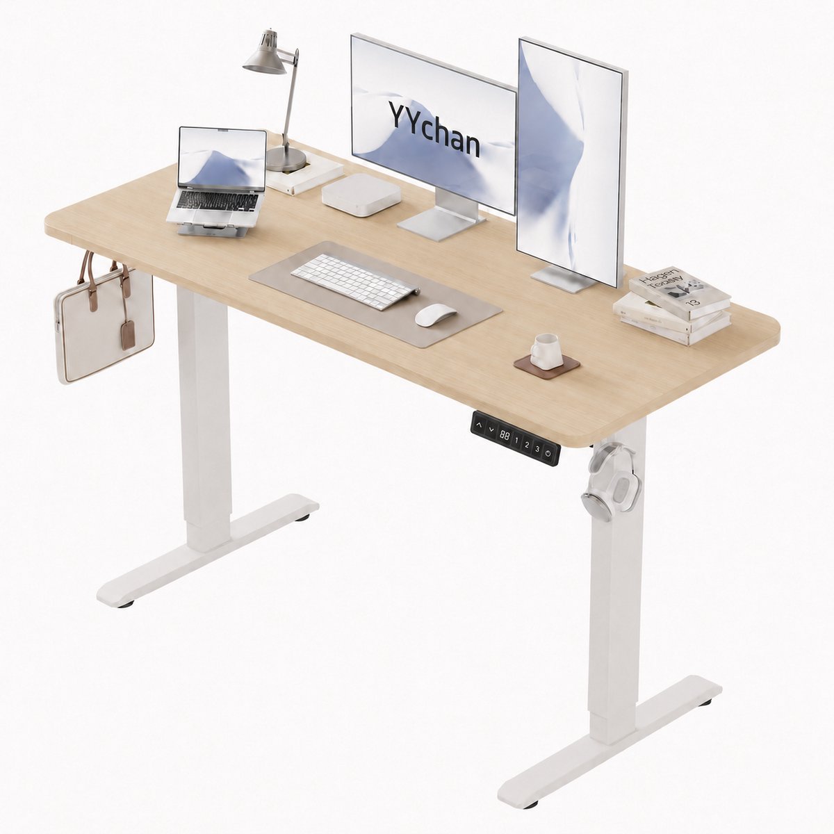YYchan Zit Sta Bureau Elektrisch 140x60 - Gaming Bureau - Elektrisch verstelbaar - Naadloos tafelblad - Geheugenbediening, Stabiel T-Frame, met Kabeldoorvoer & Koptelefoonhaak - Hoogteverstelbaar 72–118 cm - Eiken Wit