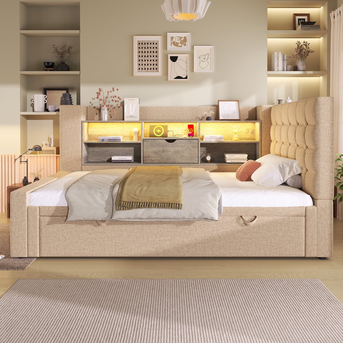 MEUNIQ slaapbank 90x200 cm met uitschuifbed 90x190, LED-verlichting, opberghoofdbord met USB en USB-C, lattenbodem, links of rechts monteerbaar, beige