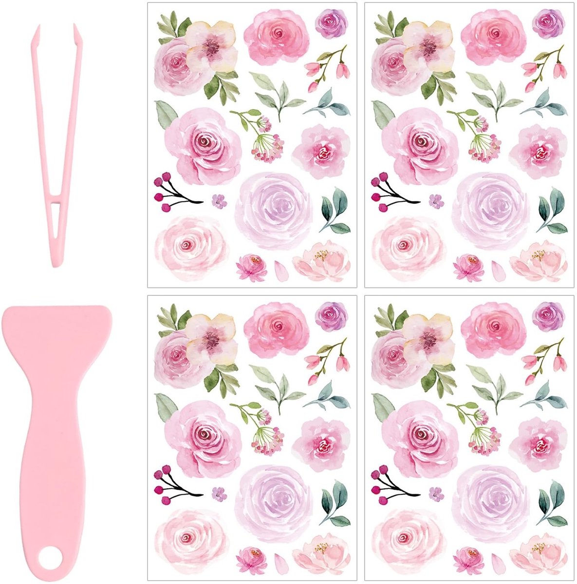 Dailygoods- Bloemwandstickers Waterdicht - Wanddecoratie Roze - Pincet/Scraper - Decoratieve Stickers - Set van 4 - Grootte 30x22 cm