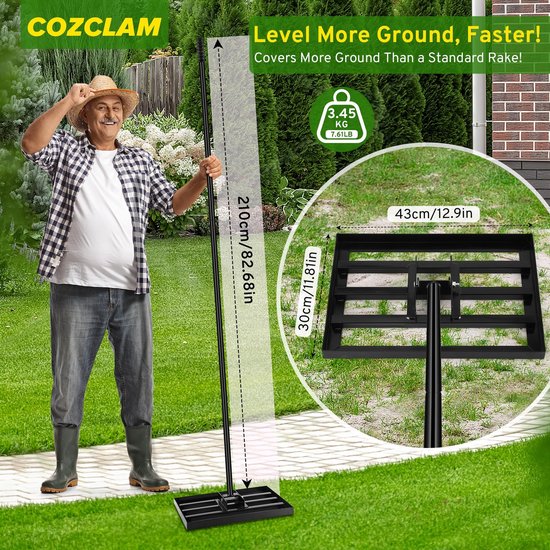 Dailygoods- Gazon Nivelleringshark voor zwaar gebruik - Verstelbaar handvat 210 cm - Hoogwaardig ijzeren gereedschap - Grondegalisatie - Topdressing - Perfect egaal oppervlak - Hark van Dailygoods — afbeelding 4