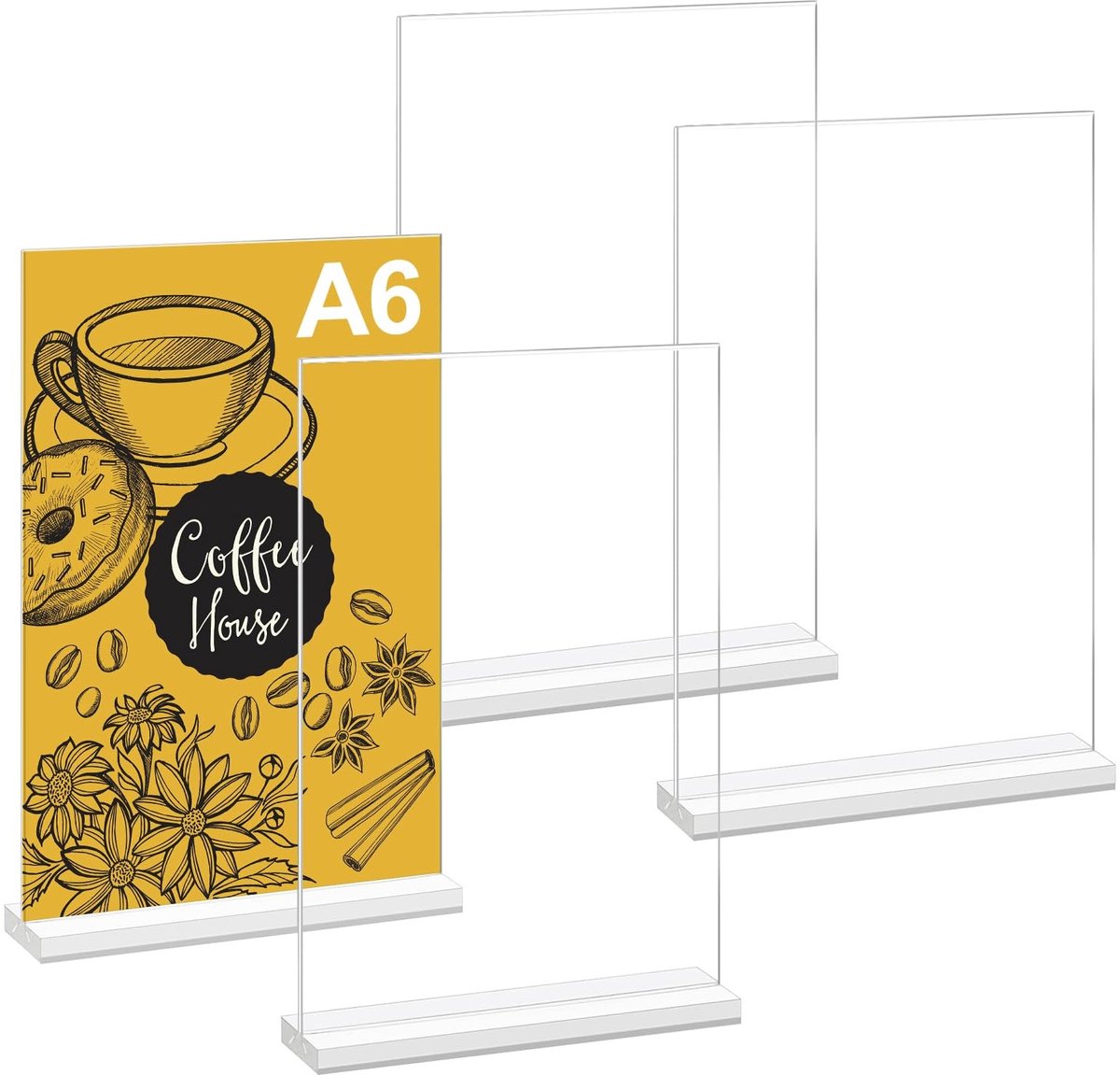 Dailygoods - Set van 4 staanders A6, acryl tafelstandaard met afneembare basis, tafelkaarthouder, T-standaard, acryl reclamestandaard A6 voor dubbelzijdige presentatie, bordhouder A6 voor kantoor, restaurant, café