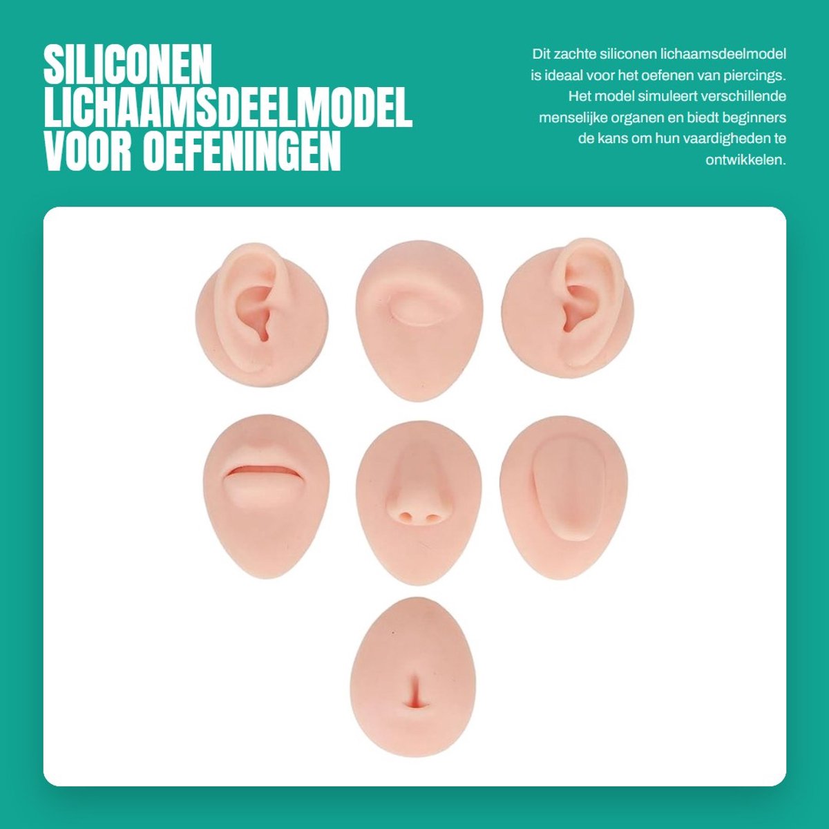 Dailygoods- Lichaamsdeelmodel Zacht Siliconen - Oefenmodel Piercing - Simulatie Oor/Oog/Neus/Mond/Tong/Navel - Beginners - Herbruikbaar - Voedselveilig - Piercingmodel