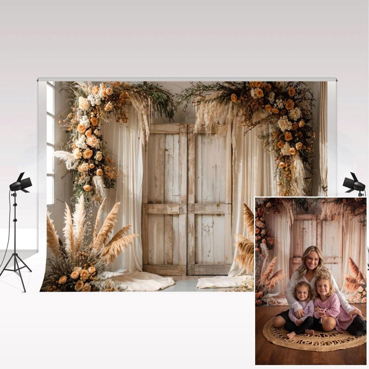 Dailygoods- Fotografie Achtergrond 2x2m - Boheemse Stijl - Bloemen - Vintage Houten Deur - Boho Bruiloft - Microvezel Materiaal - Fotografie Backdrop