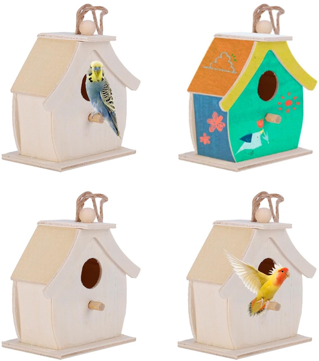 Dailygoods- Vogelhuisjes 4 Stuks Mini - Houten Vogelhuisjes - Hangende Vogelnesten - DIY Onafgewerkt Hout - Geschikt Voor Kinderen - Afmeting 7x4x7 cm - Vogelnest