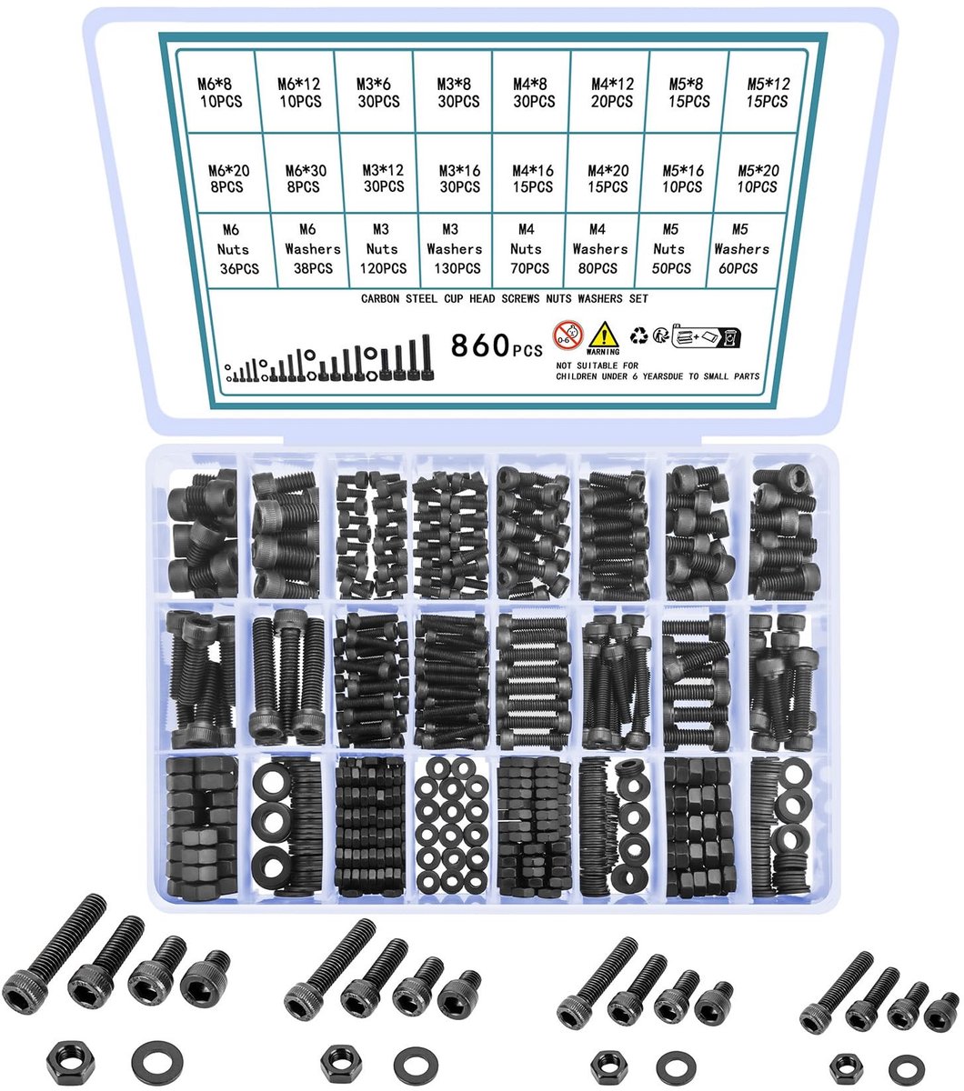 Dailygoods - 860 Stk Inbusschroeven Cilinderkop Bouten met Schroeven, Moeren en Ringen Set, M3 M4 M5 M6 Machine Schroevenset, Draadschroeven Zeskant Bouten en Moeren Kit