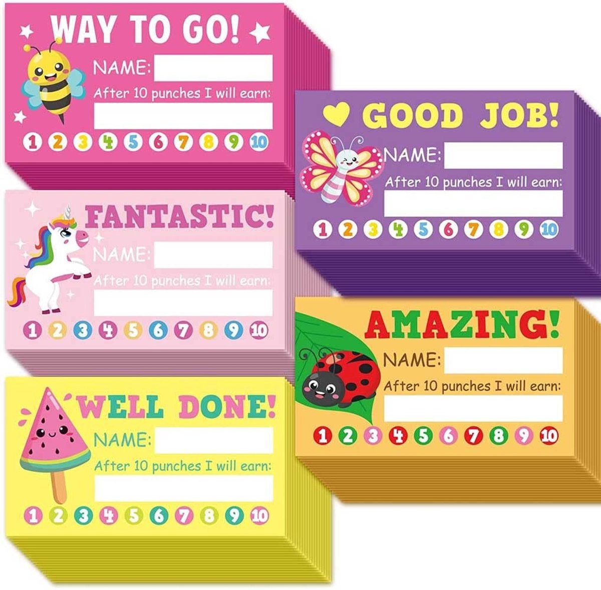 Dailygoods- Beloningskaarten Voordeelpakket - 100 Stuks - 10-Punten Kaarten - Kwalitatief Kaartmateriaal - 5 Ontwerpen - Ideaal voor Kinderen en Studenten - Incentive Kaarten