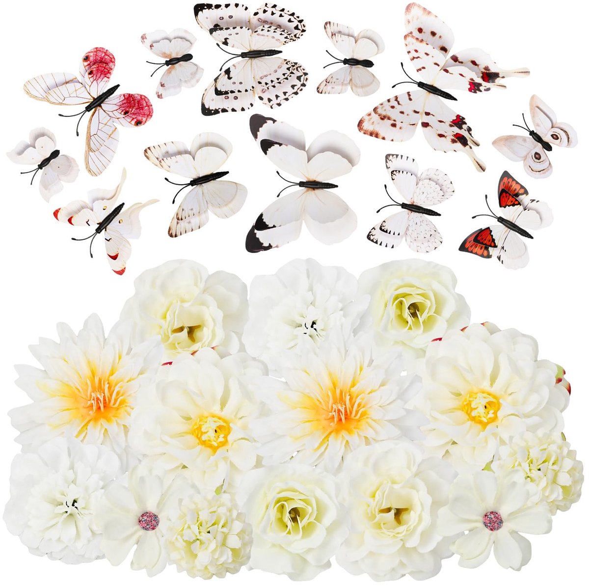Dailygoods- Kunstbloemkoppen 26 stuks - 3D-vlinders - Decoratie voor bruiloft/feest - Kunstrozen/anjers - Herbruikbaar - Materiaal: stof/kunststof - Kunstbloemen