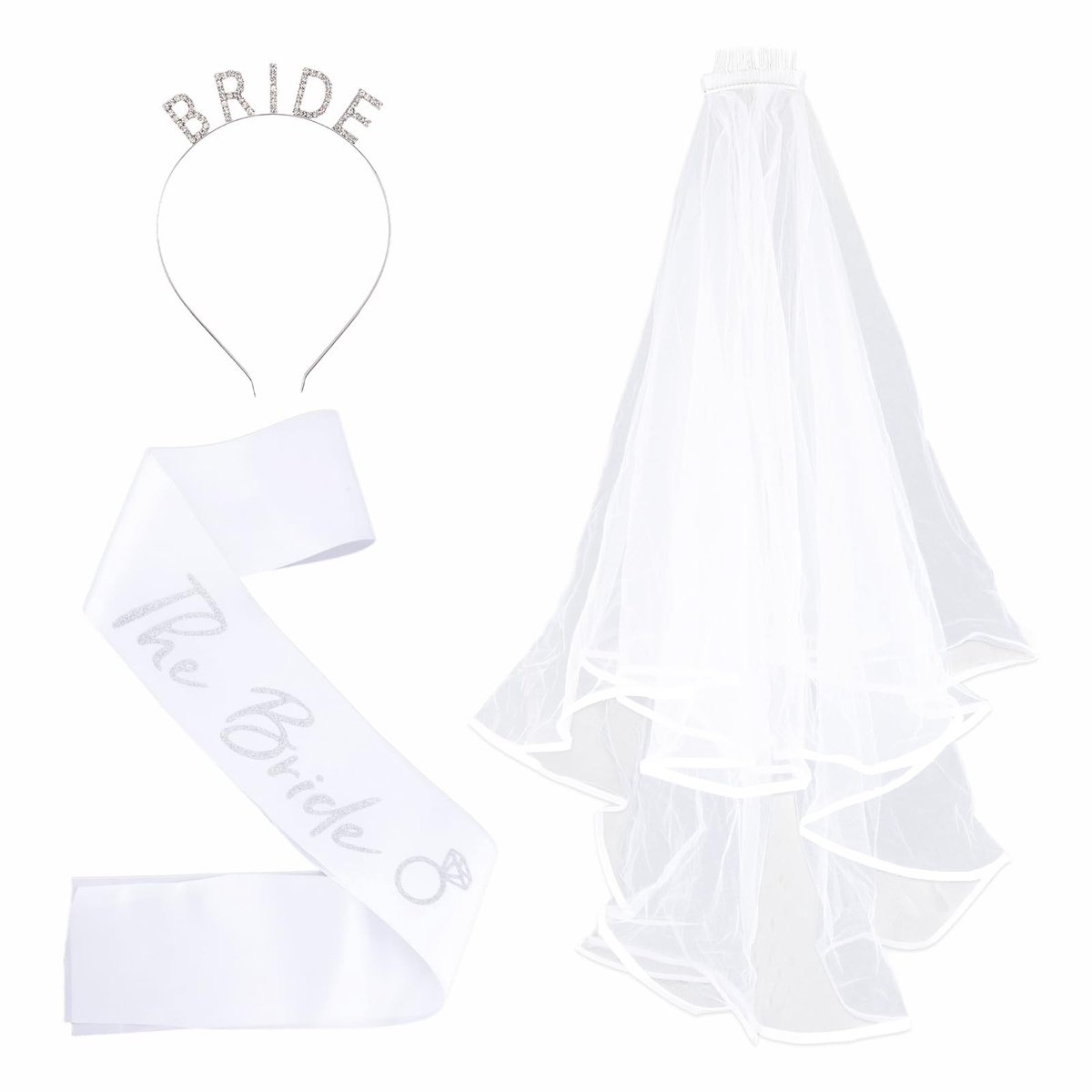 Dailygoods- Bruiloft Decoraties 3 Stuks - Bruids Sjerp 160x9,5 cm - Bruidsluier 78 cm - Hoofdtooi 16,5x11 cm - Sierlijke Accessoires - Perfect voor Vrijgezellenfeest - Bruidaccessoires