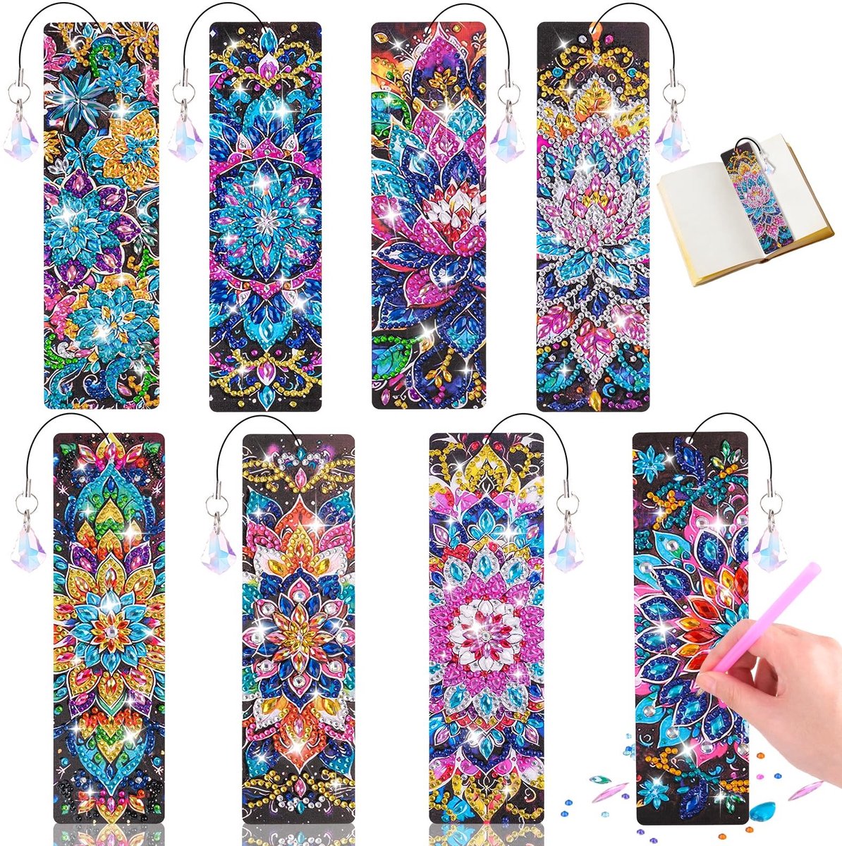 Dailygoods- Bladwijzers 8 stuks - Diamond Painting Mandala - Knutselset - Cadeau voor meisjes 6-12 jaar - Creatief knutselen - Rustgevende activiteit - Boekenlegger