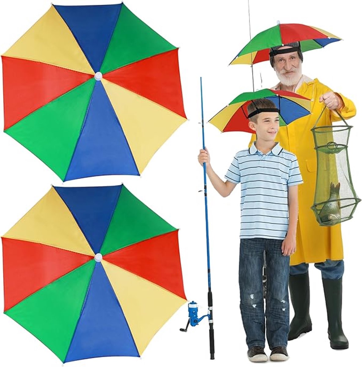 Hoofd Paraplu - 2 Stuks - Opvouwbaar Parapluhoed - Hoofdparasol - Regen Hoed - Regenhoeden - Waterafstotend - Zonbescherming - Voor vissen, tuinieren, golfen, wandelen, landbouw, kamperen en dagelijks - Regenboog