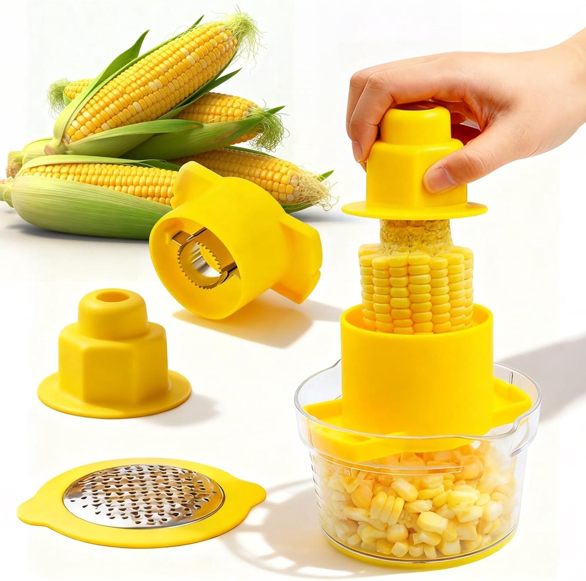 4-in-1 Maïs stripper - Mais peller - Keuken gadget - Maïskolf - Handige corn stripper - Huishoudelijke keuken Tool - Mais cob cutter - Groenten assesoiren - Mais remover - keukengadget - Voor knoflook, gember en meer - Geel
