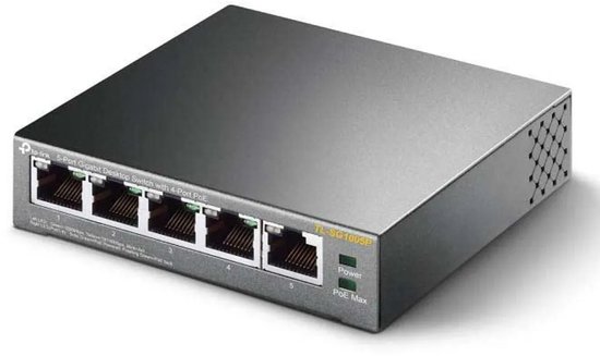 Zwarte TP-Link 5-Poorts Gigabit Desktop Switch met 4-Poort PoE. Ventilatie aan de zijkant.