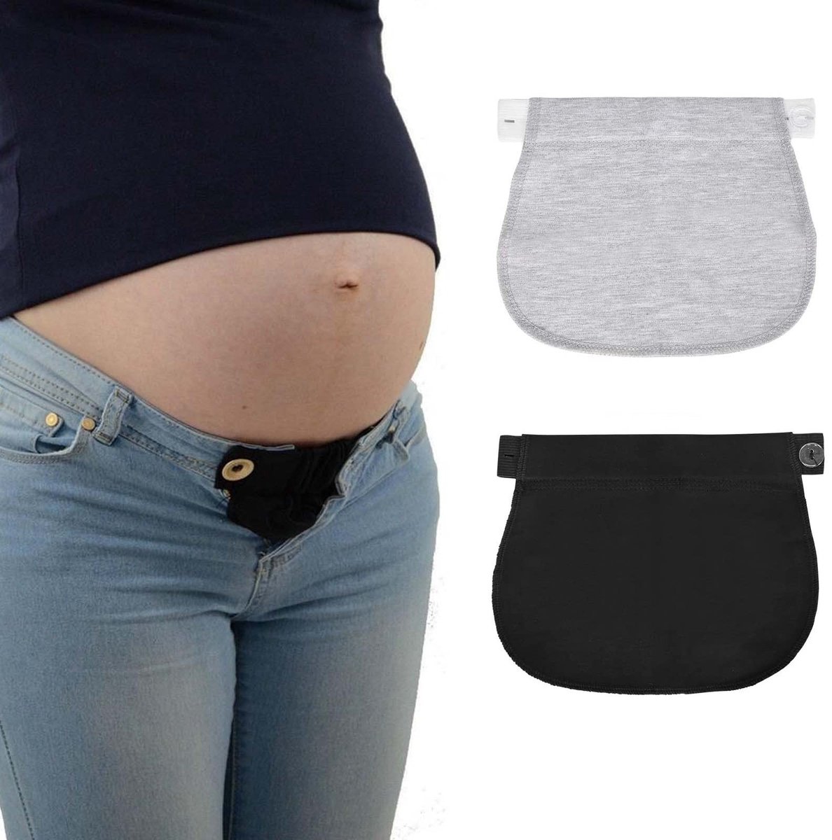 Dailygoods - Colexy 2 stuks zwangerschapsbroekuitbreiding, verstelbare taille, verlengd, zwangerschapsbroek, elastische zwangerschapsbroek, verstelbare tailleband (zwart + grijs)