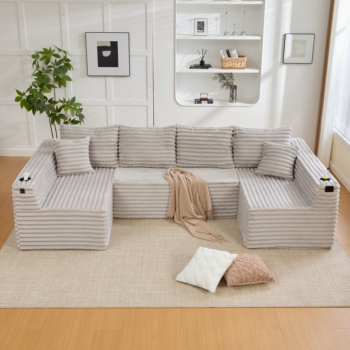 MIVRAY U-Bank 320 x 155 x 88 cm - Met Bekerhouders En Zijvak - Voor Woonkamer En Lounge - Cord Lichtgrijs