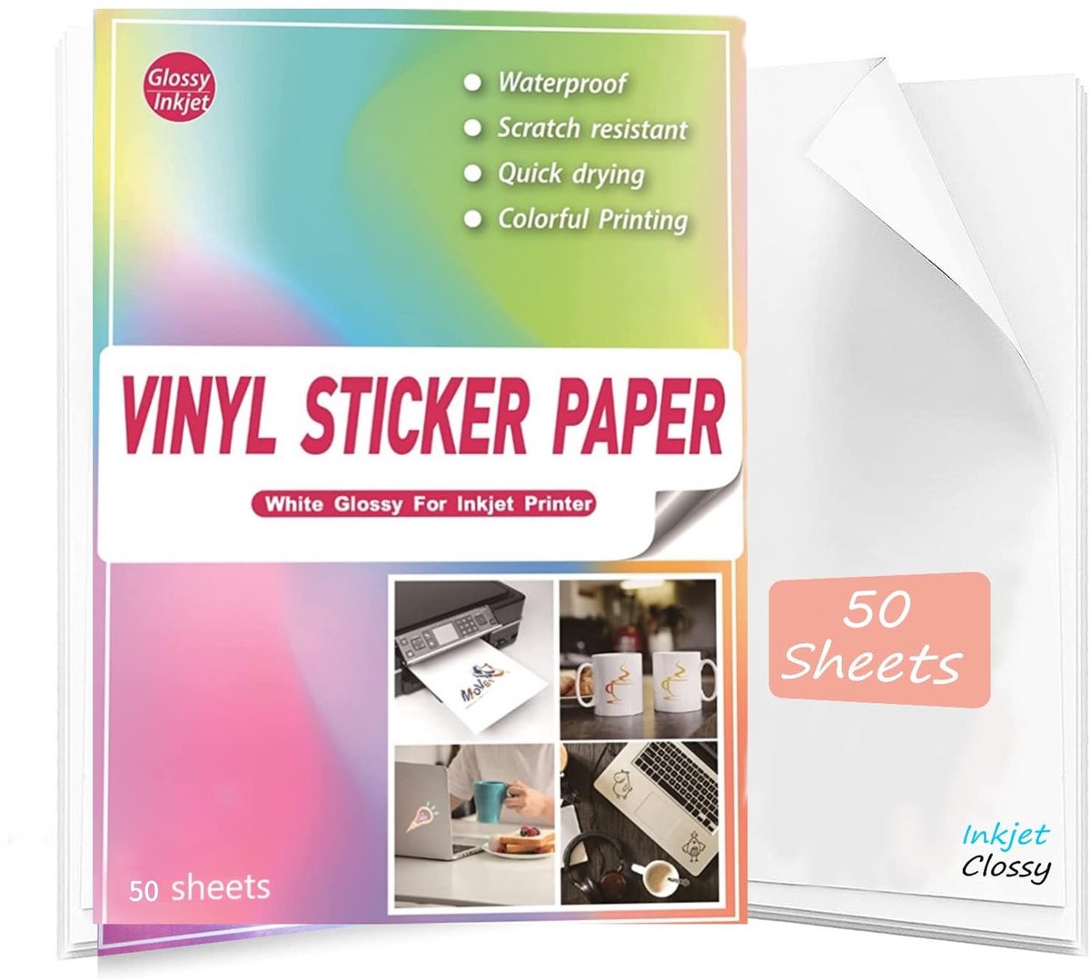 Dailygoods- Vinylstickers Waterdicht - Stickerpapier A4 - Afdrukbaar voor Inkjetprinter - Zelfklevend PVC - Geen Lijmresten - Glanzend 50 Vellen