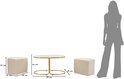 Afmetingen van de salontafel met twee poefs en silhouet van een vrouw.