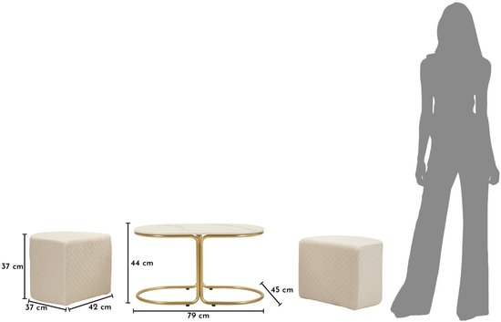 Afmetingen van de salontafel met twee poefs en silhouet van een vrouw.
