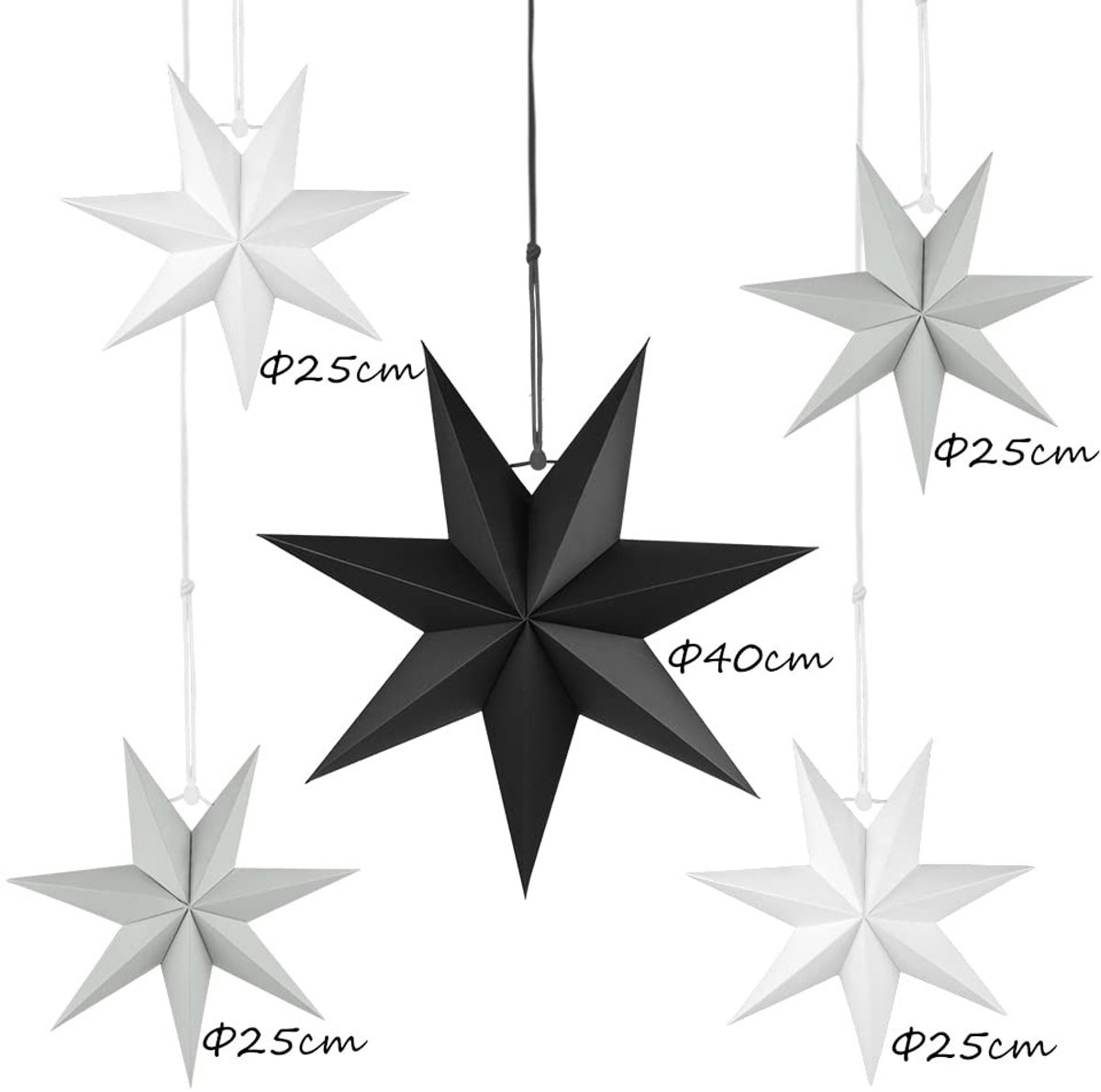Dailygoods- Sterdecoraties 5 Stuks - Hangende Sterren - Papieren Sterren - 7-Puntige Sterren - Bruiloft/Kerstfeest - Diameter 40/25 cm - Kerstversiering