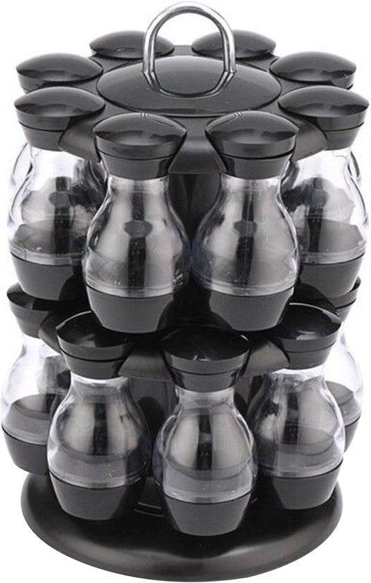 Présentoir à épices rotatif avec 16 pots transparents à couvercles noirs, sur une base noire.
