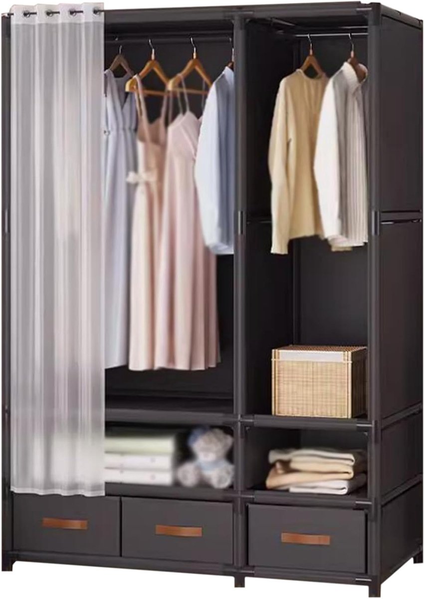 Kleine Garderobe Kast - Kledingkast Opbergkast - Kleding Netjes Houden - IJzeren Frame Gordijn - 71x45x1685cm - Zwart