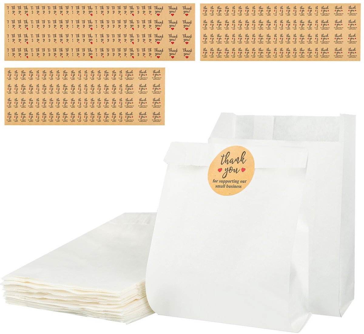 Dailygoods - 50 stuks witte papieren zakken voor levensmiddelen, papieren zakken, kraftpapieren zakken met 60 stickers voor snacks, verjaardagen en kerstfeesten, 11 x 4 x 16 cm