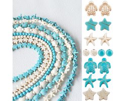 Dailygoods- Kralen 320 stuks - Turquoise Kralenset - Blauw/Wit - 4 Vormen - Schildpadden/Zeester/Ster/Ronde Kralen - 200 g - Sieraden