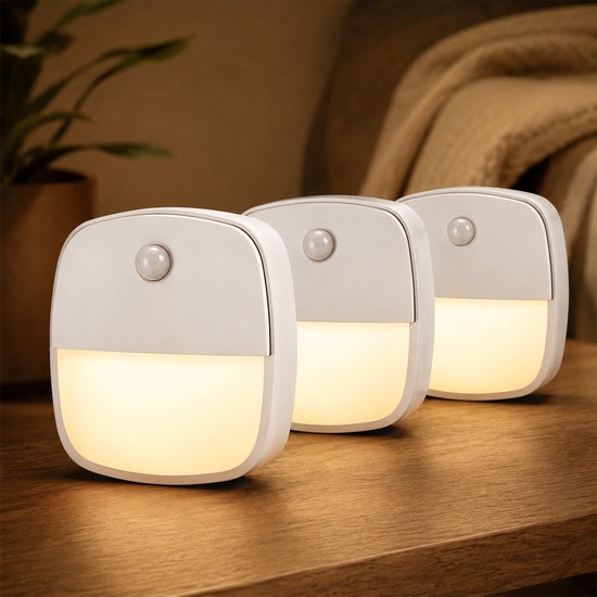 3x WoonWonder Nachtlampje met bewegingssensor - Draadloos - voor o.a. Slaapkamer, Overloop, Garage - Dag en Nacht Sensor | Werkt op 3 AAA batterijen