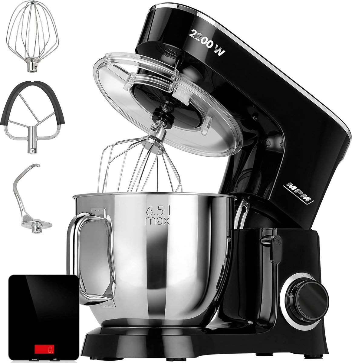 Keukenmachine - Bakmixer Robot - Bakken en Koken - Planetair Systeem - 6.5 Liter Kom - Zwart RVS