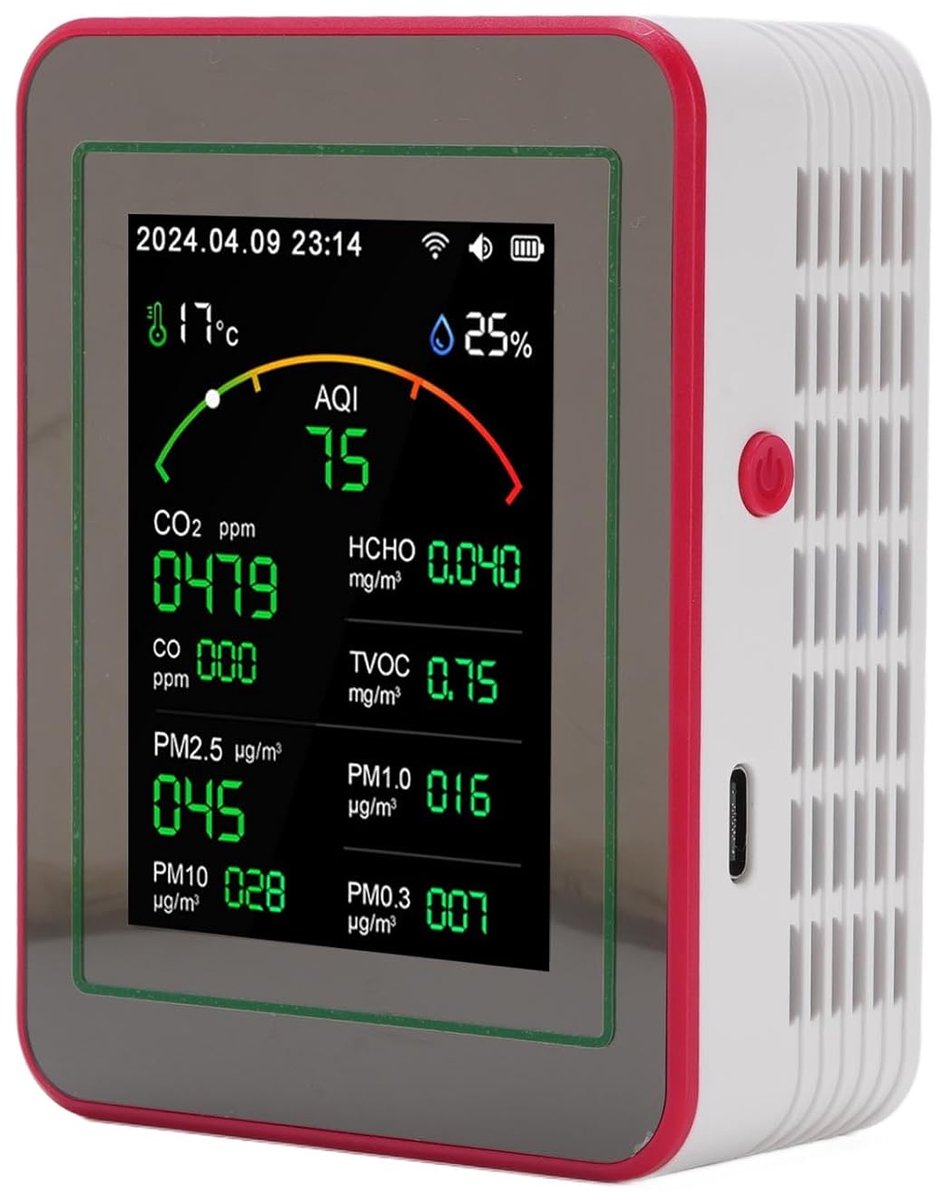 Luchtkwaliteitsmonitor - Luchtmeter Detector - Binnenlucht Meten - 15-in-1 Functies - 2.8 Inch LCD - Zwart Rood