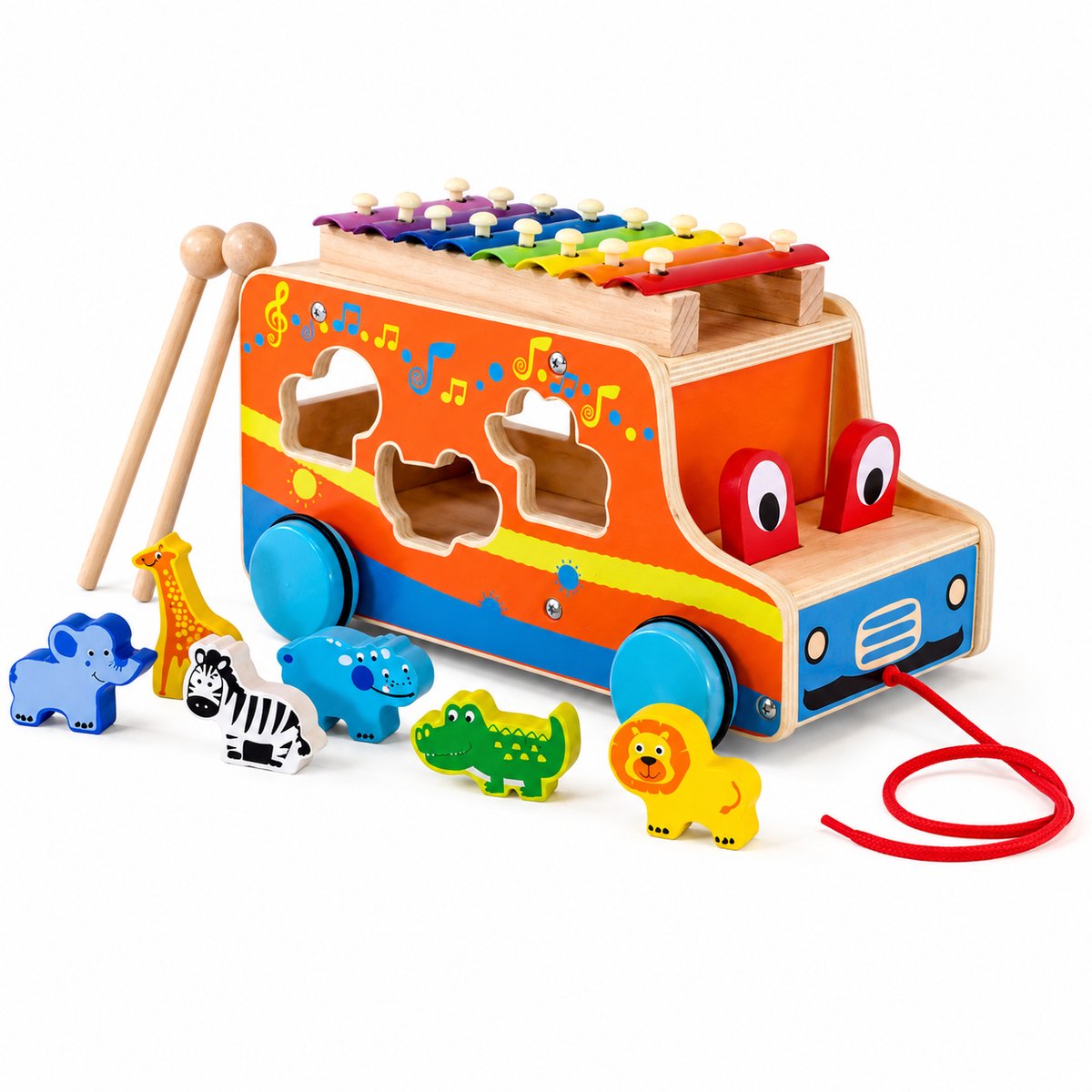 Houten Dieren Xylofoon Auto voor Kinderen – Educatief Muziek Speelgoed 8-in-1 Motoriek Ontwikkeling