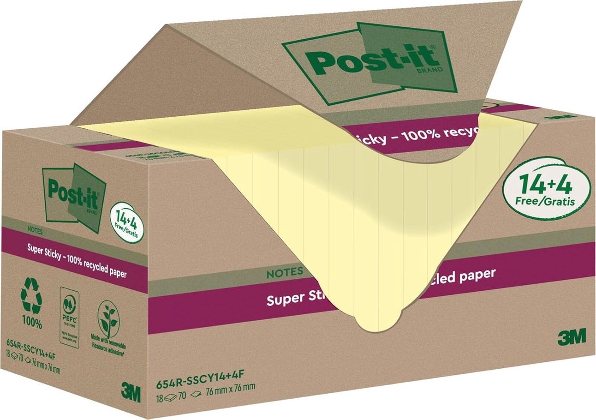 Super Sticky Notities - 100% Gerecycled, 14+4 Pads, 70 Vellen per Pad - Kleur: Kanariegeel