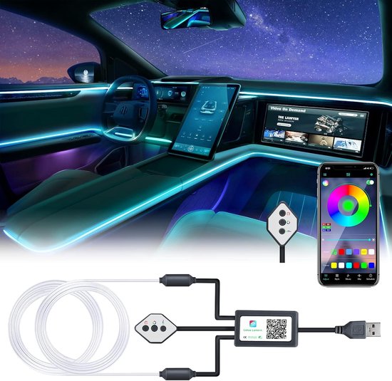 LED Interieurverlichting Auto - Sfeerverlichting Auto - Sfeer Creëren - App en Knop Bediening - 4 meter - Zwart