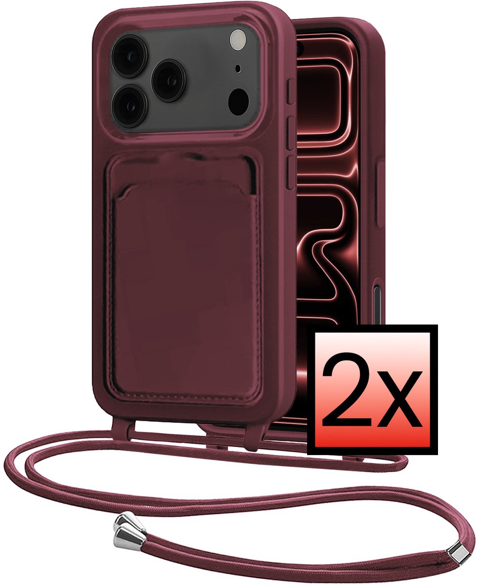 Hoes Geschikt voor iPhone 18 Pro Met Telefoonkoord - Siliconen Hoesje Backcover Met Ketting - Aubergine - 2 PACK