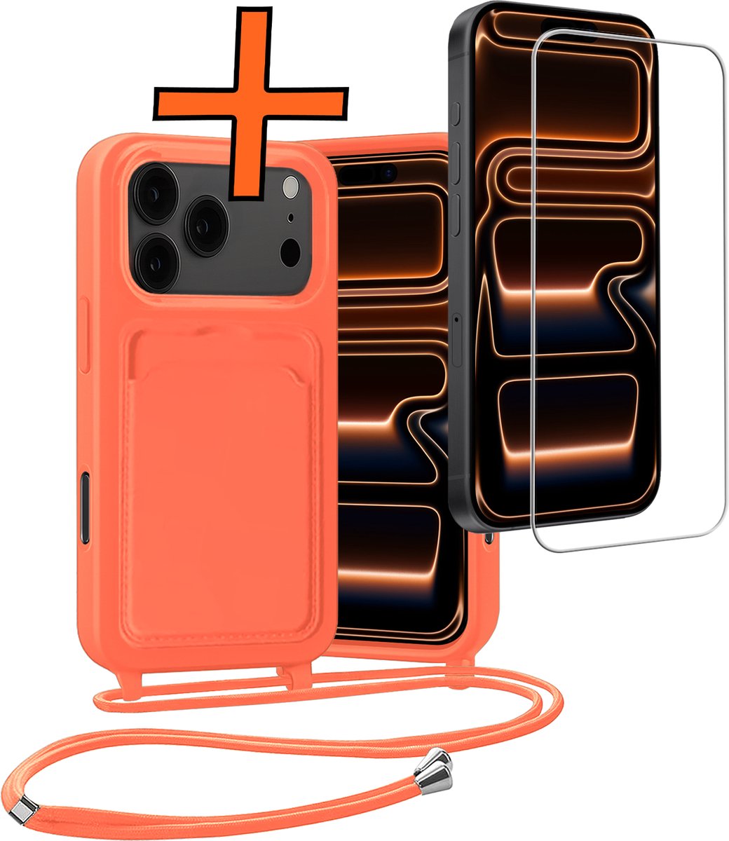 Hoesje Geschikt voor iPhone 18 Pro Max Hoes Met Telefoonketting Met Screenprotector - Backcover Geschikt voor iPhone 18 Pro Max Case Met Koord - Papaya