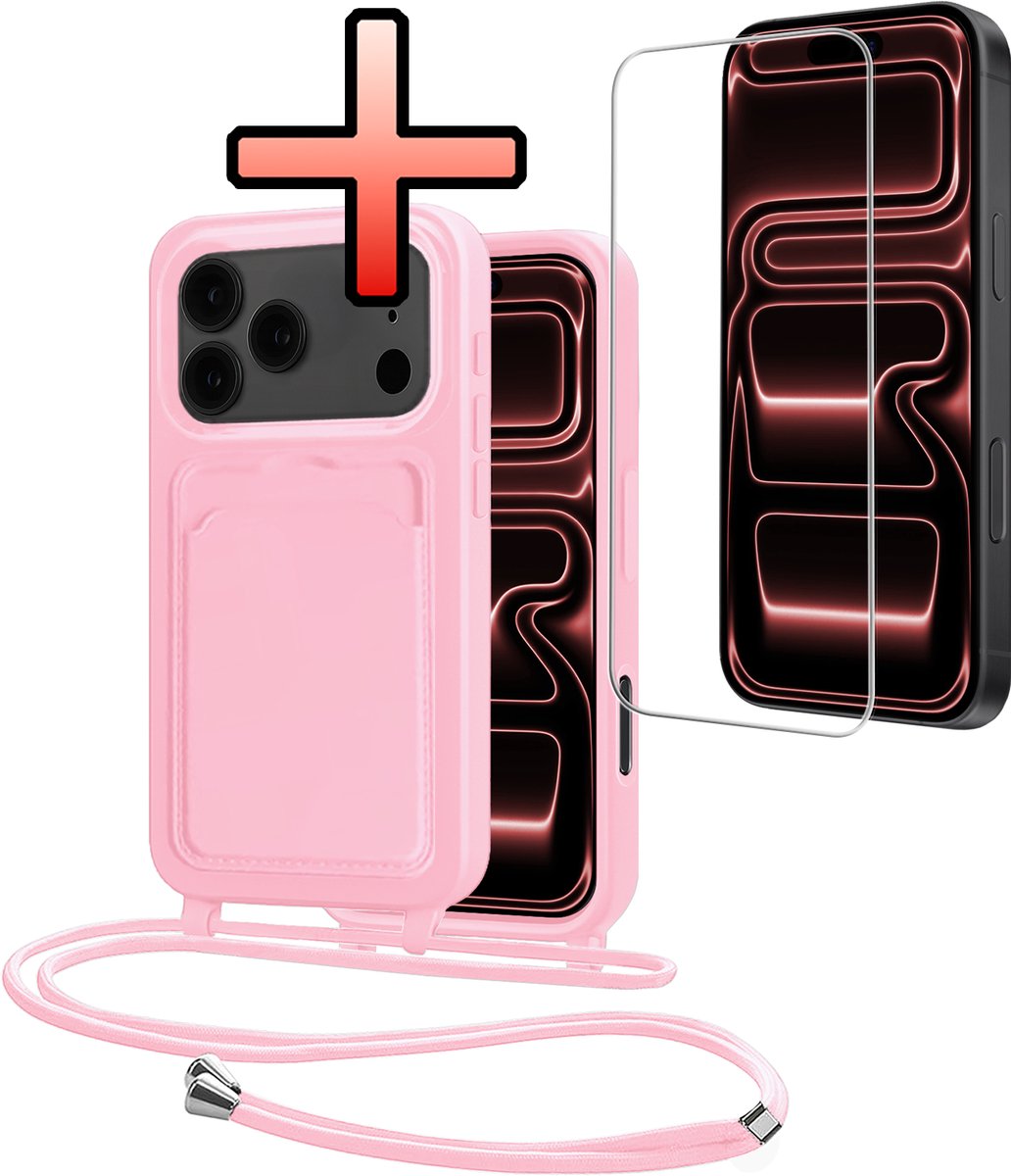 Hoes Geschikt voor iPhone 18 Pro Max Met Telefoonkoord Met Screenprotector - Siliconen Hoesje Backcover Met Ketting - Lichtroze