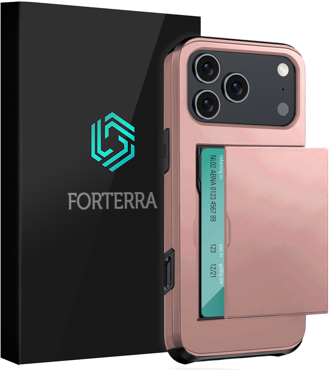 Hoesje Geschikt voor iPhone 18 Pro Pashouder Hard Case Hoes - Hoes Geschikt voor iPhone 18 Pro Hoesje Back Cover Met Pasjeshouder - Rosé goud