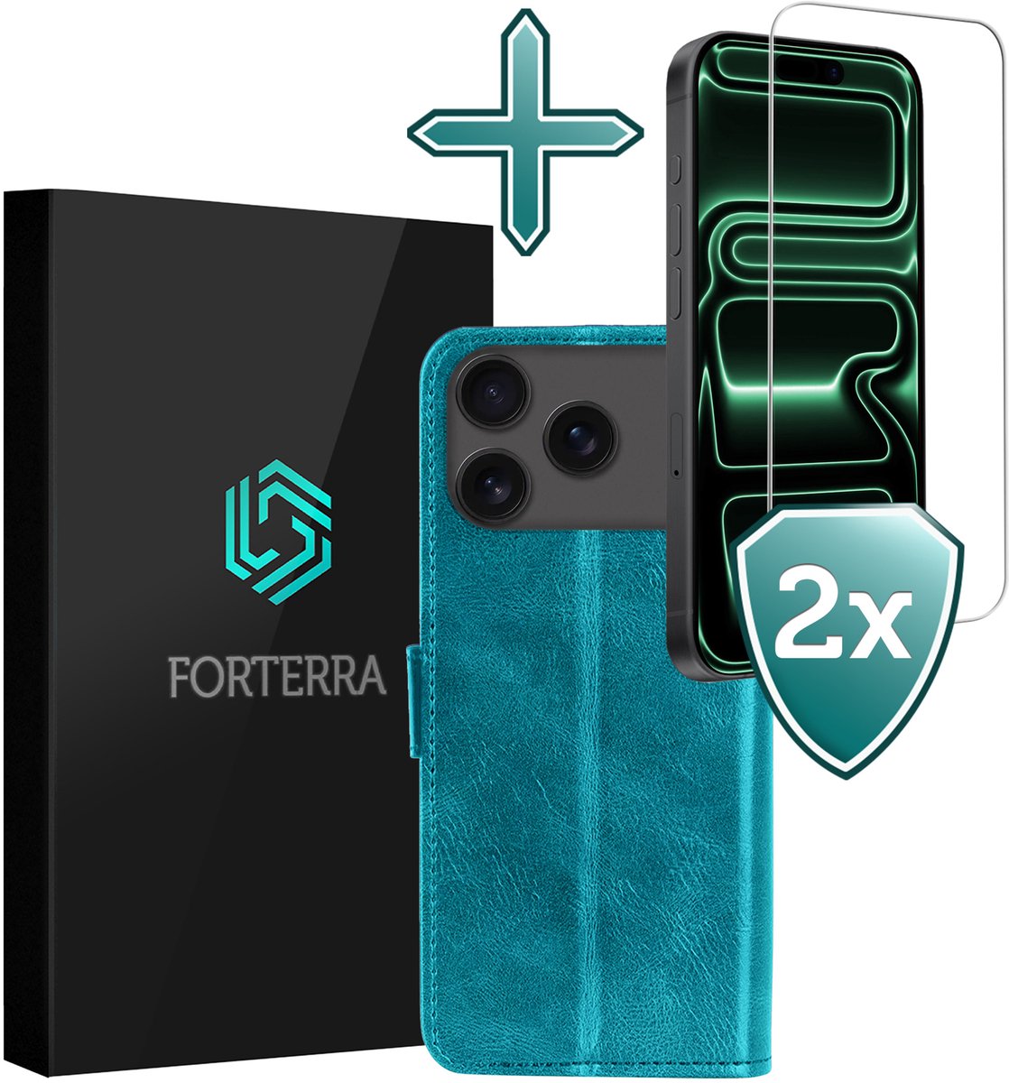 Hoesje Met 2x Screenprotector - Geschikt voor Apple iPhone 18 Pro Max - Luxe Pasjeshouder - Flip Case - Bookcase Portemonee - Kunstleer Book Case - Flipcase Hoes - Book Cover - Walletcase - Portemonneehoes - Turquoise