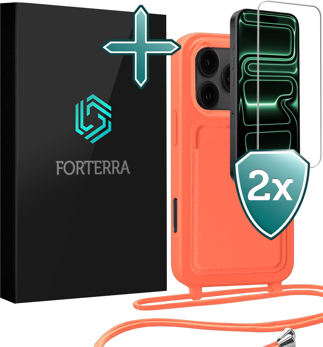 Hoesje Geschikt voor iPhone 18 Pro Max Case Siliconen Hoes Met Koord Met 2x Screenprotector - Hoes Geschikt voor iPhone 18 Pro Max Met Telefoonkoord Hoesje Backcover - Papaya